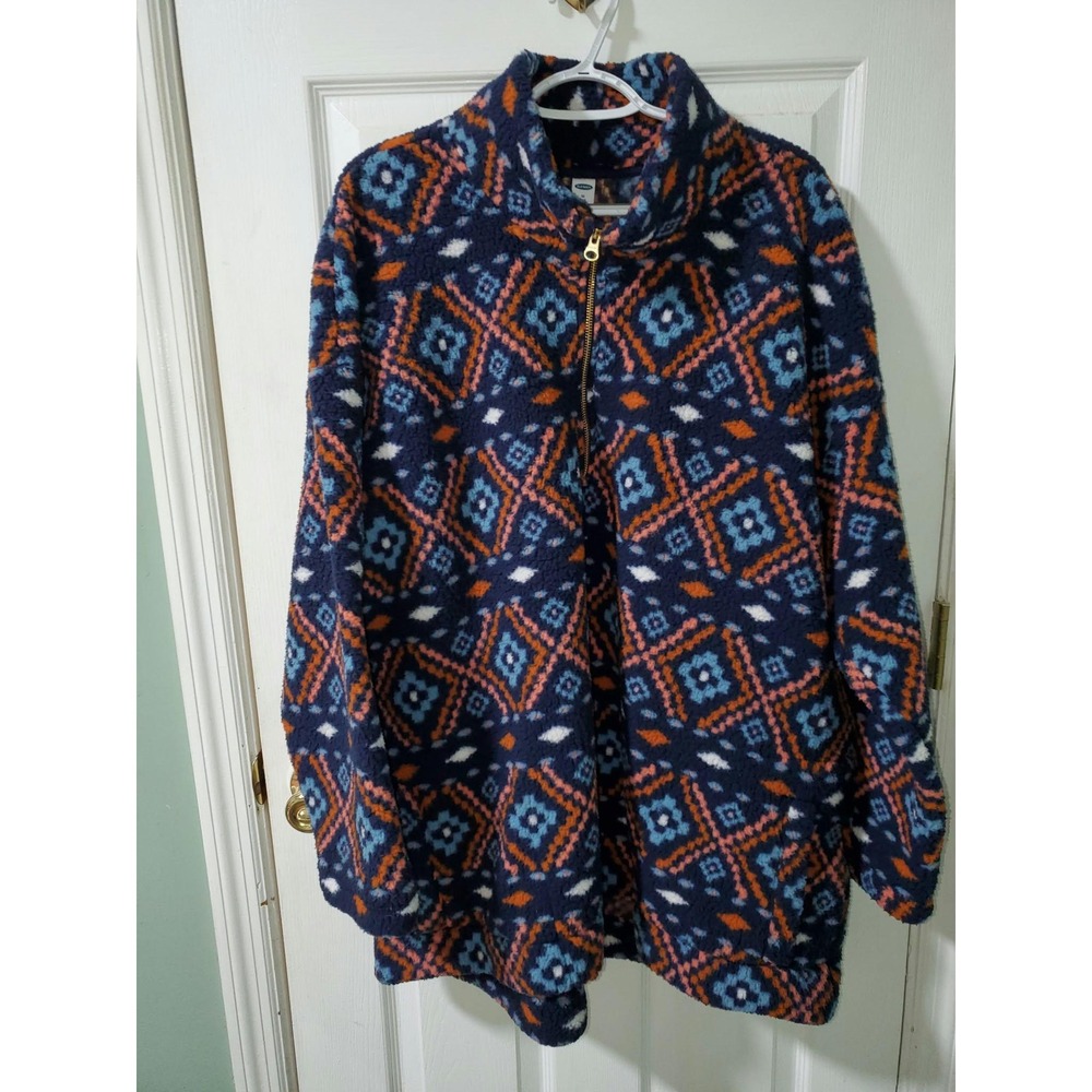 Old Navy Womens 3X Plus Sherpa Fleece Quarter Zip Pullover Geometric Fair Isle